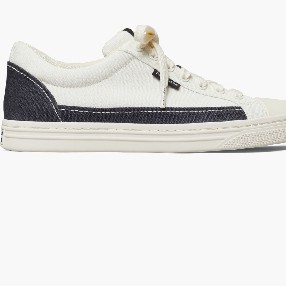 Tory Burch classic court sneaker in Ivory Canvas and Navy Blue size 6